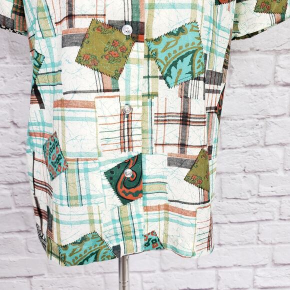 Vintage '70s Bradley Knitwear Green Plaid Patchwork Print Button Down Top Size M - Picture 4 of 16